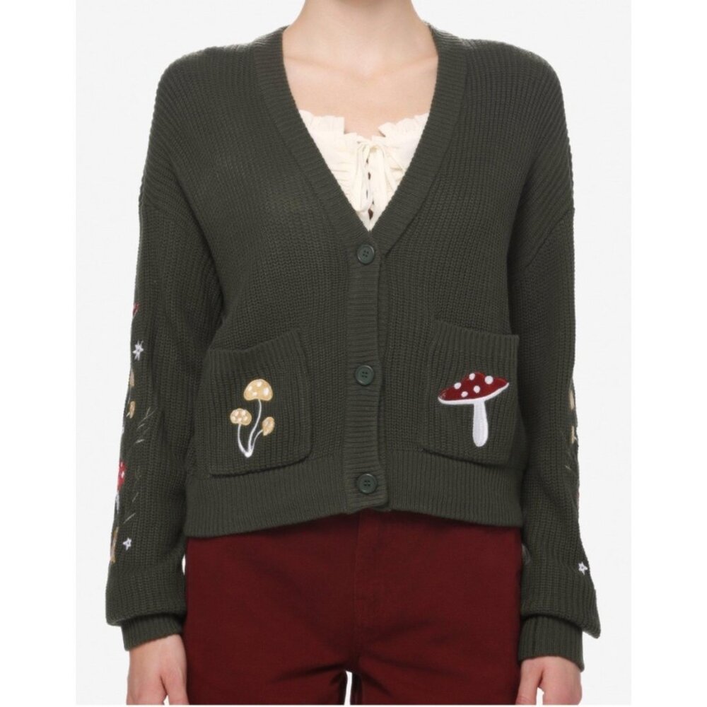 Thorn & Fable Green Button-Up Cardigan Mushroom Embroidery Size Large
